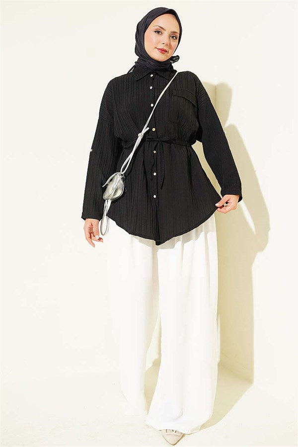 Single Pocket Shirt with Waistband, Black