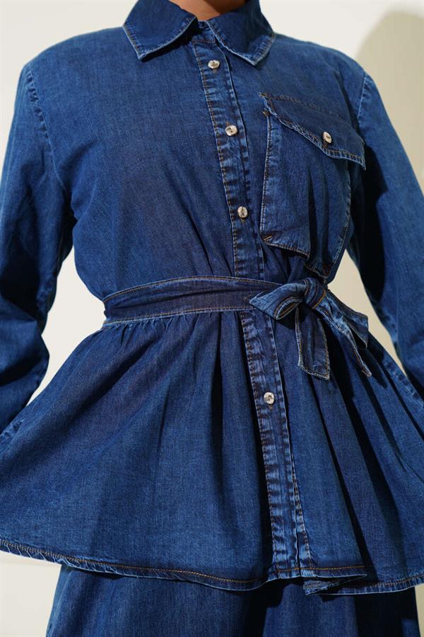 Single Pocket Denim Vest 2 Piece Set Navy Blue