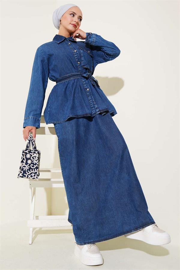Single Pocket Denim Vest 2 Piece Set Navy Blue