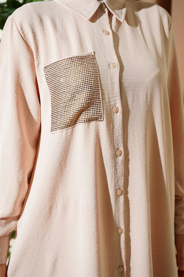 Single Pocket Mini Embellished Casual 2 Piece Set in Beige