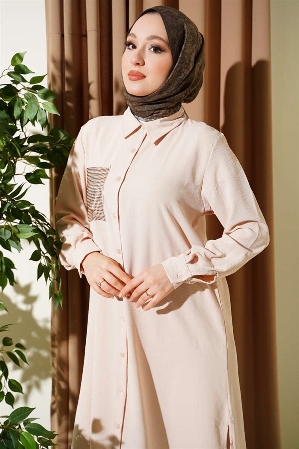 Single Pocket Mini Embellished Casual 2 Piece Set in Beige