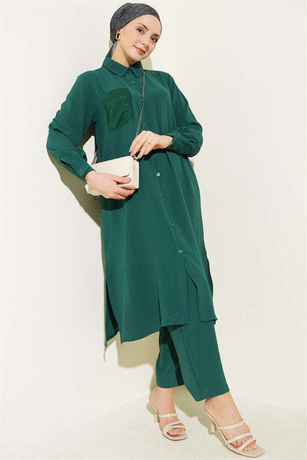 Single Pocket Mini Embellished Casual 2 Piece Set Emerald