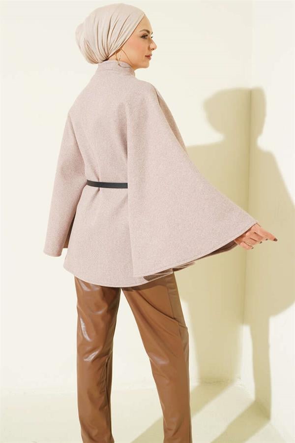 Single Button Belted Cashmere Poncho, Mink