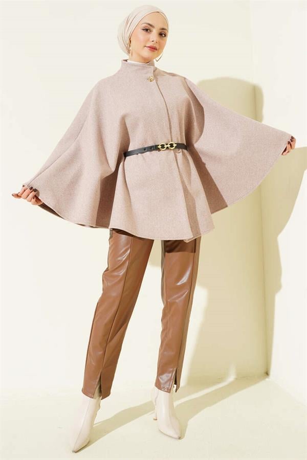 Single Button Belted Cashmere Poncho, Mink