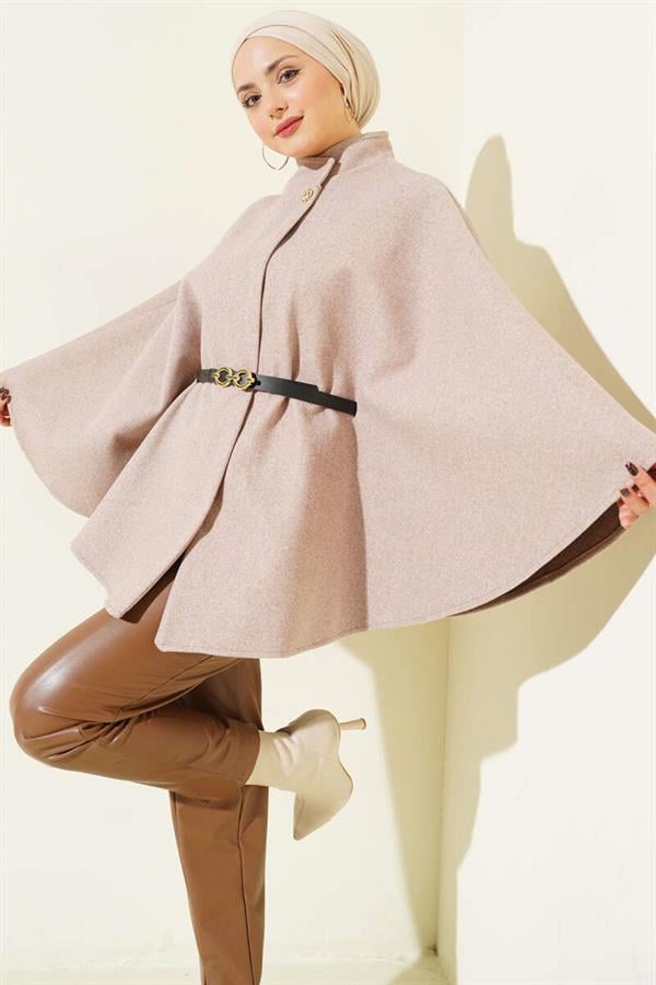 Single Button Belted Cashmere Poncho, Mink