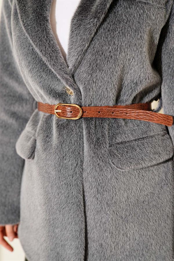 Single Button Belted Bearded Jacket in Smoke Color