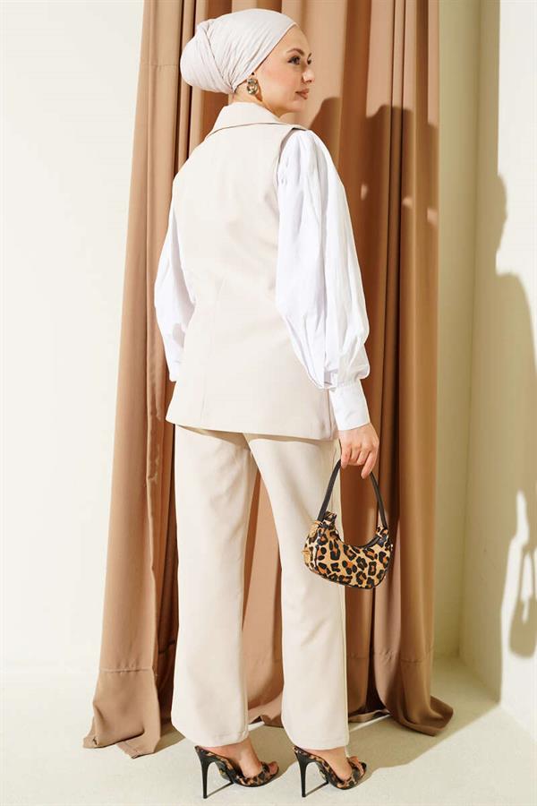 One-Button Double-Breasted Vest 2 Piece Set, Beige