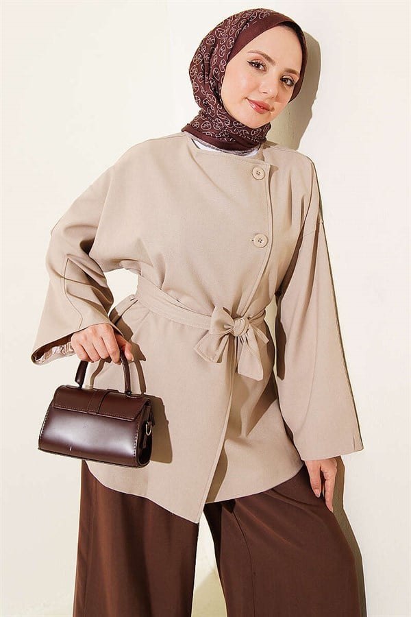 One-Button Belted Jacket Stone
