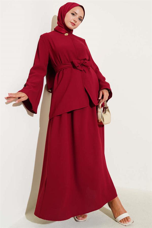 Single-Button Belted 2 Piece Set in Burgundy