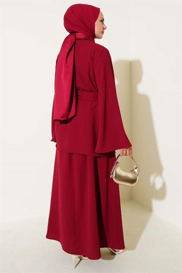 Single-Button Belted 2 Piece Set in Burgundy