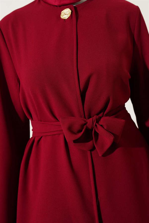 Single-Button Belted 2 Piece Set in Burgundy