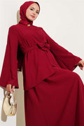Single-Button Belted 2 Piece Set in Burgundy