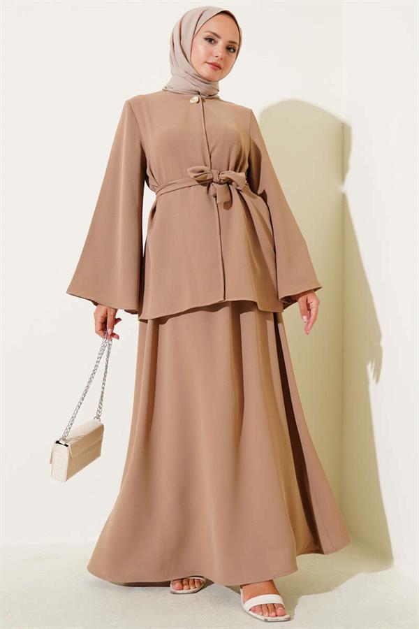 Single-Button Belted 2 Piece Set Latte