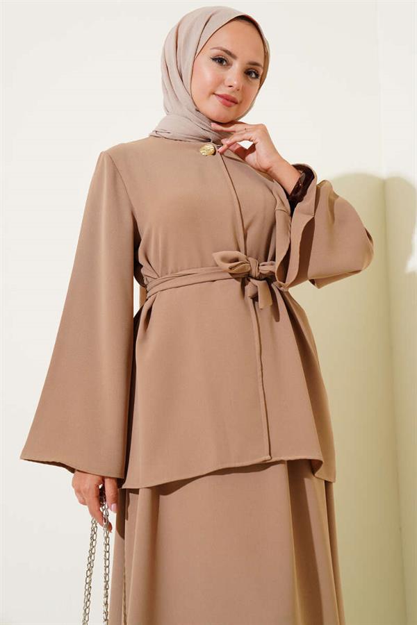 Single-Button Belted 2 Piece Set Latte