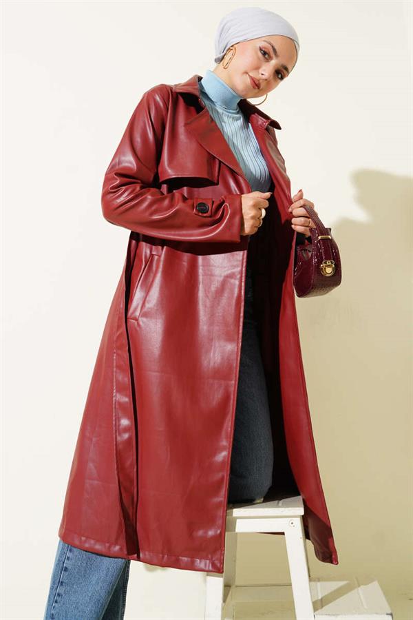 Single Button Belted Leather Trench Coat Burgundy