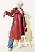 Single Button Belted Leather Trench Coat Burgundy