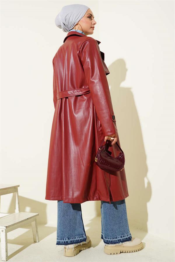 Single Button Belted Leather Trench Coat Burgundy