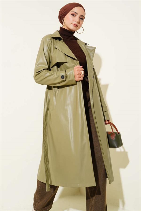 Single-Button Belted Leather Trench Coat in Almond Green