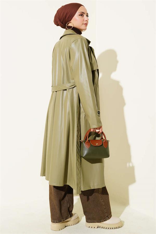 Single Button Belted Leather Trench Coat Khaki