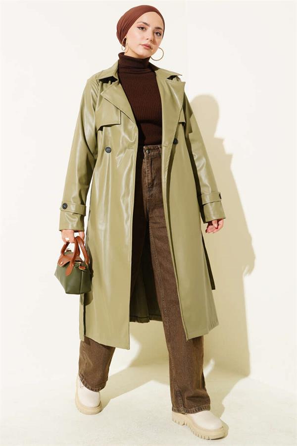 Single Button Belted Leather Trench Coat Khaki