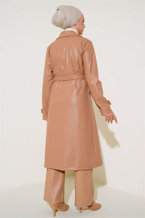 Single-Button Belted Leather Trench Coat Latte