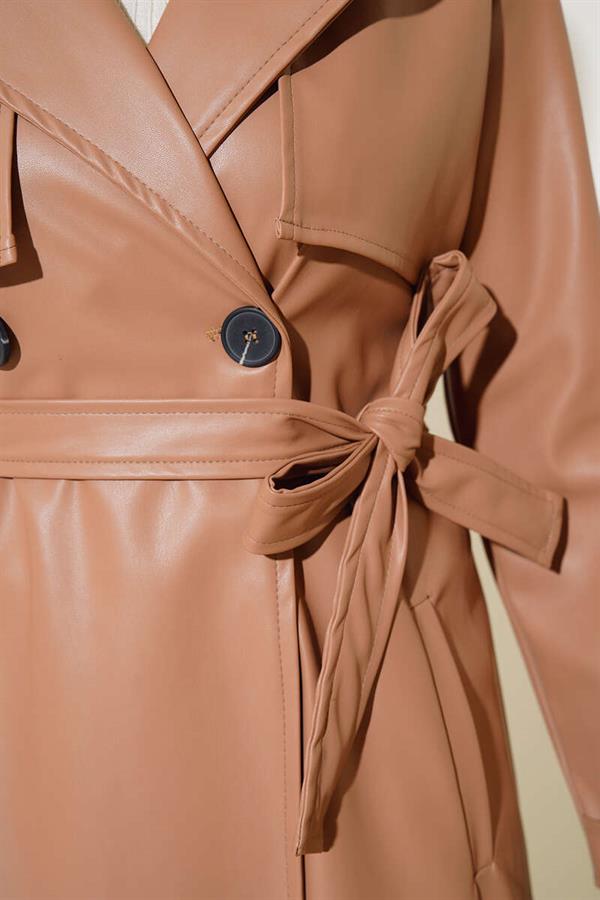 Single-Button Belted Leather Trench Coat Latte