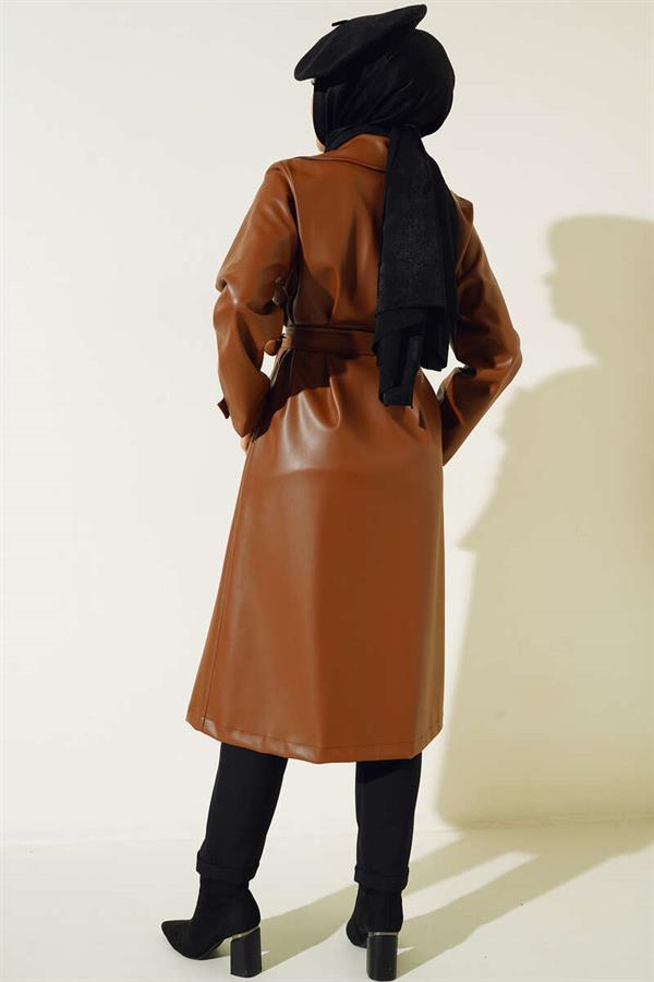 Single Button Belted Leather Trench Coat Tan