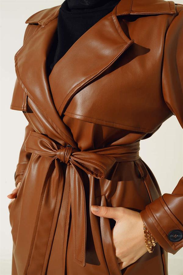 Single Button Belted Leather Trench Coat Tan