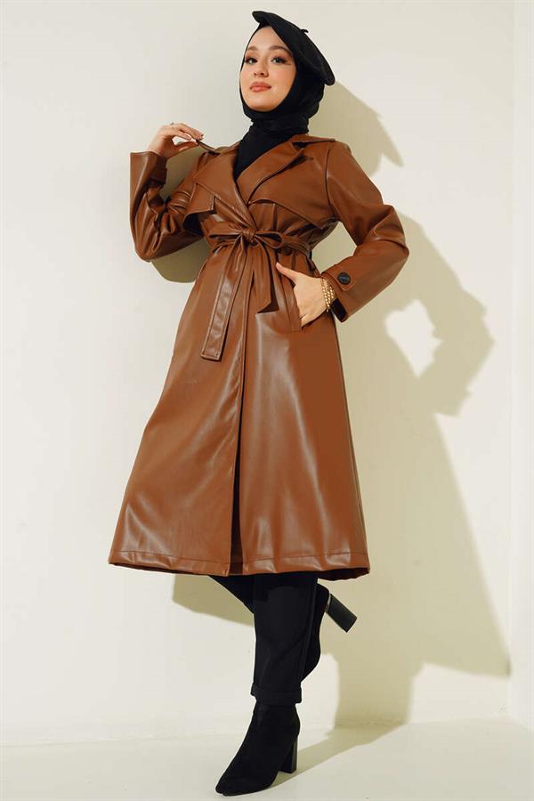 Single Button Belted Leather Trench Coat Tan