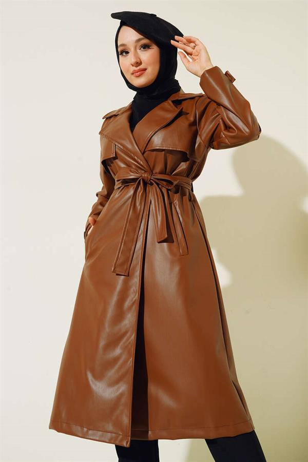 Single Button Belted Leather Trench Coat Tan