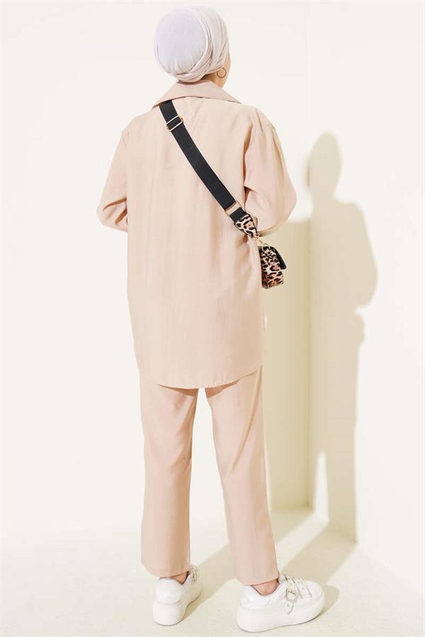 Single Chest Pocket Shirt 2 Piece Set Beige
