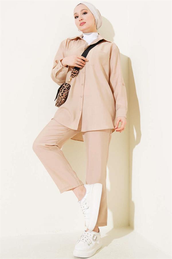 Single Chest Pocket Shirt 2 Piece Set Beige