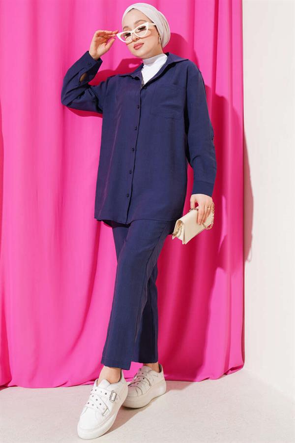 Single Breast Pocket Shirt 2 Piece Set Navy Blue