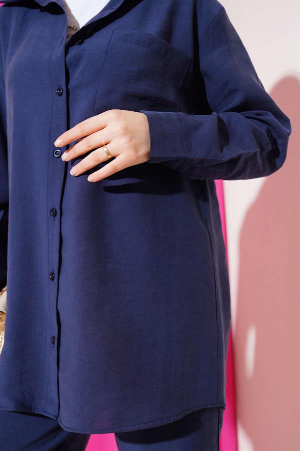 Single Breast Pocket Shirt 2 Piece Set Navy Blue