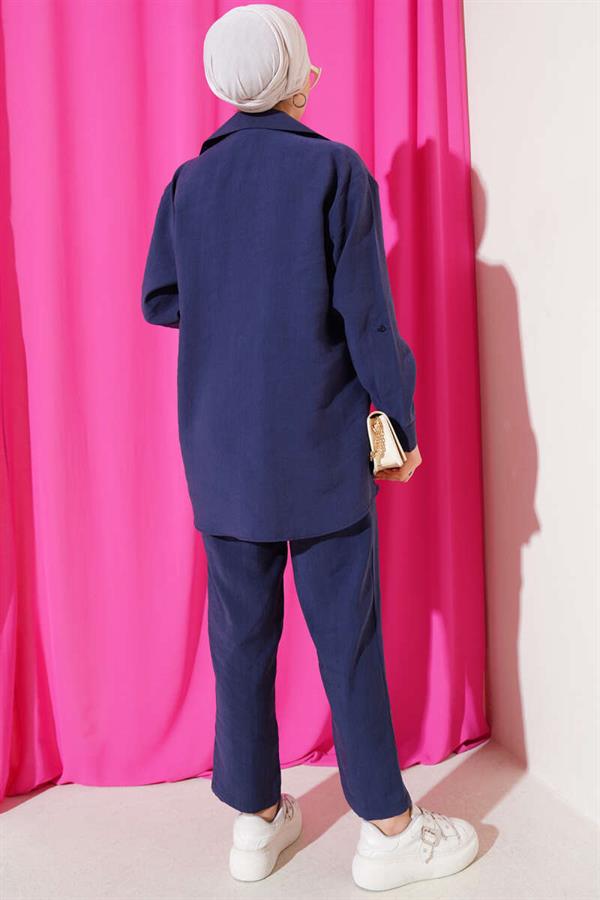Single Breast Pocket Shirt 2 Piece Set Navy Blue