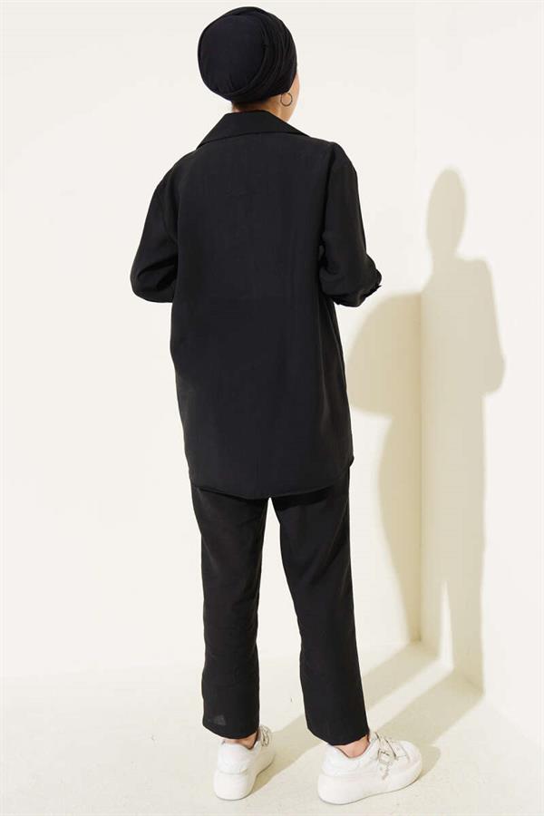Single Breast Pocket Shirt 2 Piece Set Black