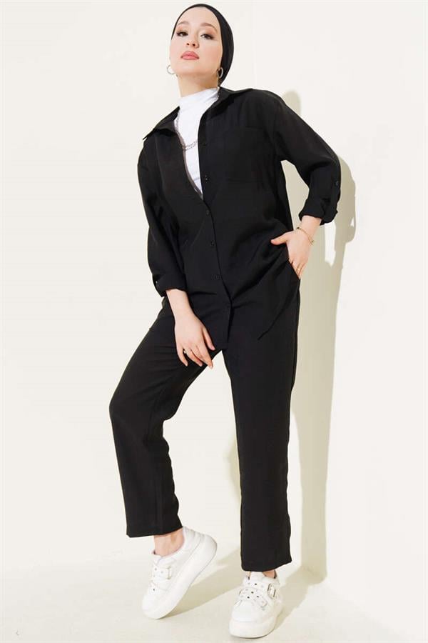 Single Breast Pocket Shirt 2 Piece Set Black
