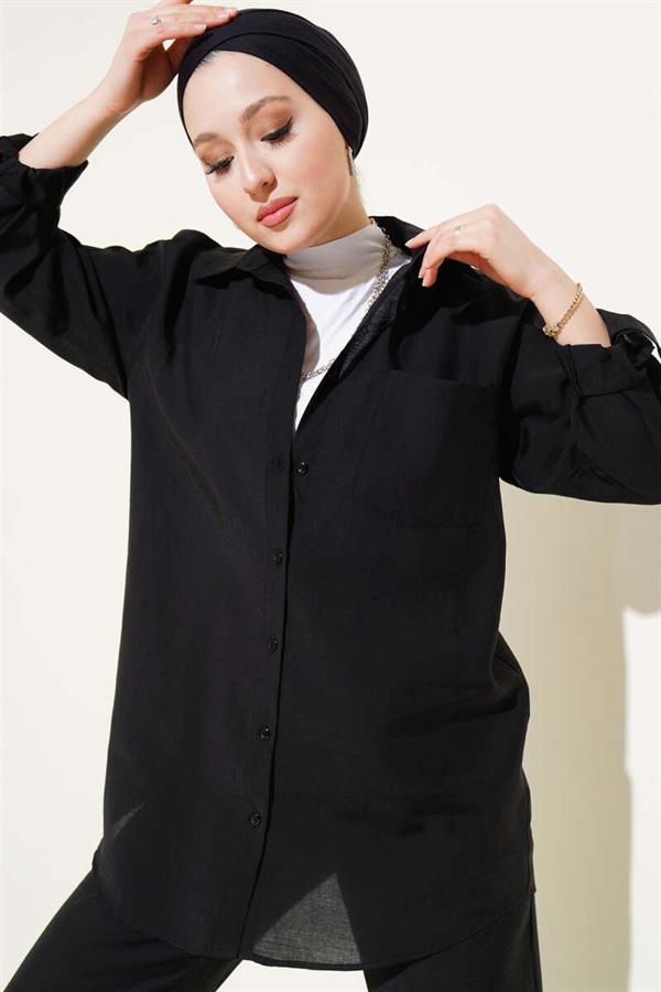Single Breast Pocket Shirt 2 Piece Set Black