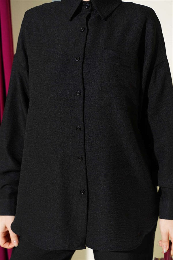2 Piece Set with single-breast pocket shirt, black.