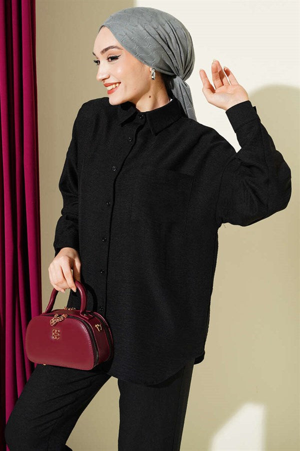 2 Piece Set with single-breast pocket shirt, black.