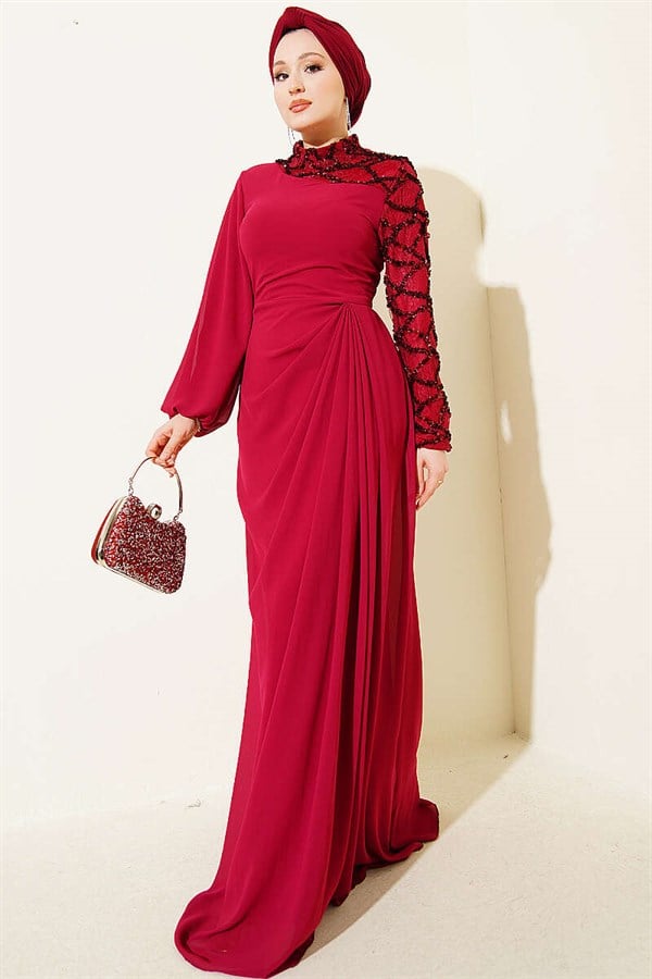 One-Sleeve Sequin Detail Evening Dress in Burgundy