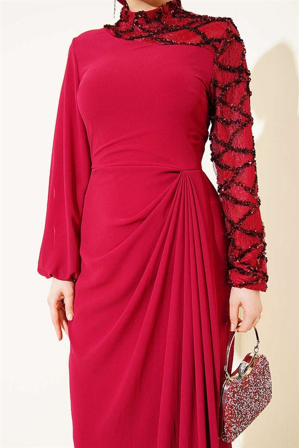 One-Sleeve Sequin Detail Evening Dress in Burgundy