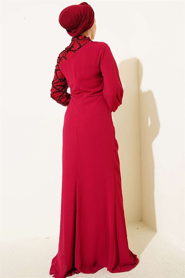 One-Sleeve Sequin Detail Evening Dress in Burgundy