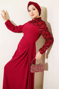 One-Sleeve Sequin Detail Evening Dress in Burgundy