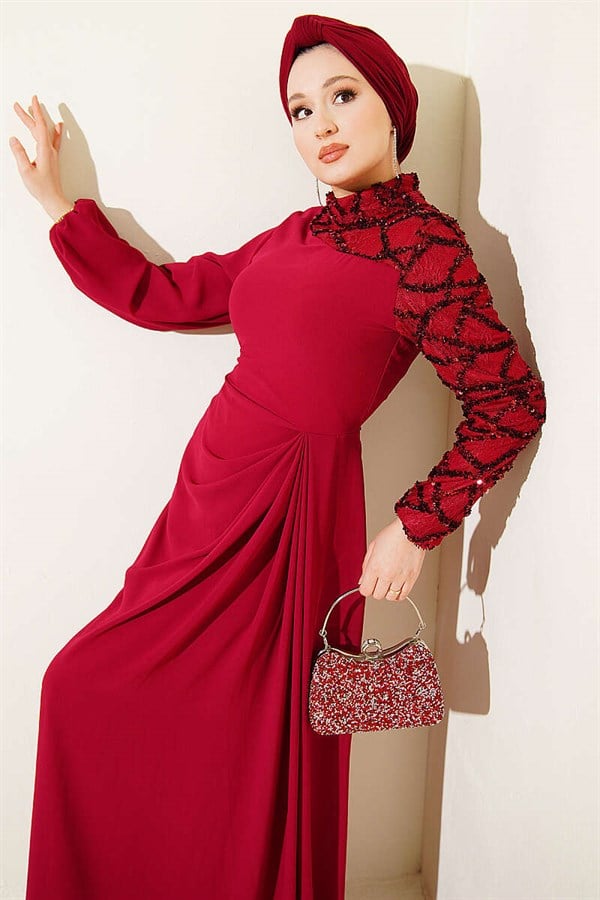 One-Sleeve Sequin Detail Evening Dress in Burgundy