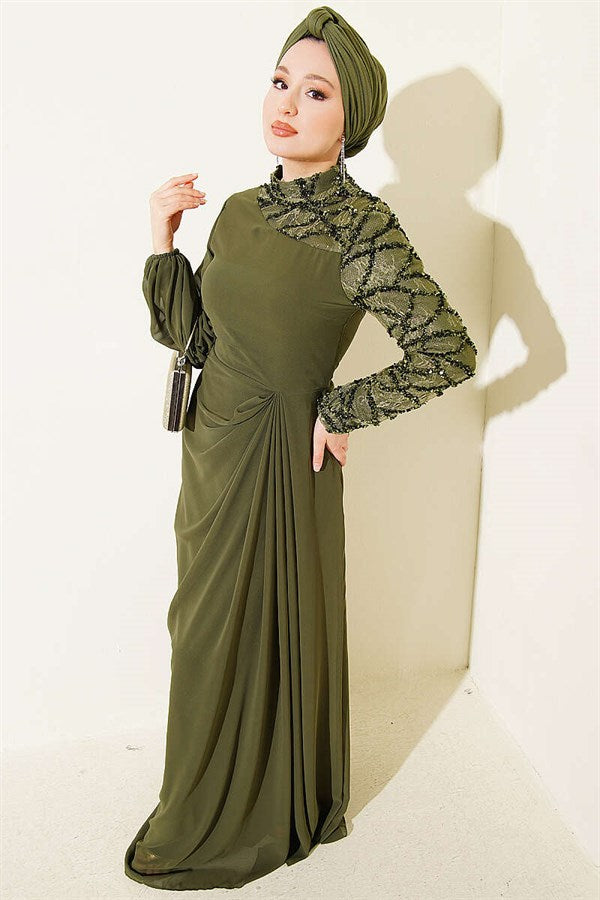 One-Sleeve Sequin Detail Evening Dress, Khaki