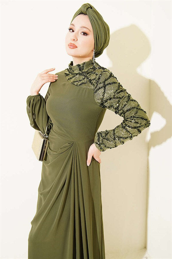One-Sleeve Sequin Detail Evening Dress, Khaki