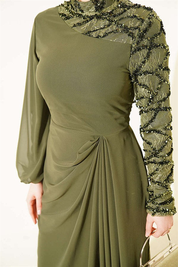 One-Sleeve Sequin Detail Evening Dress, Khaki