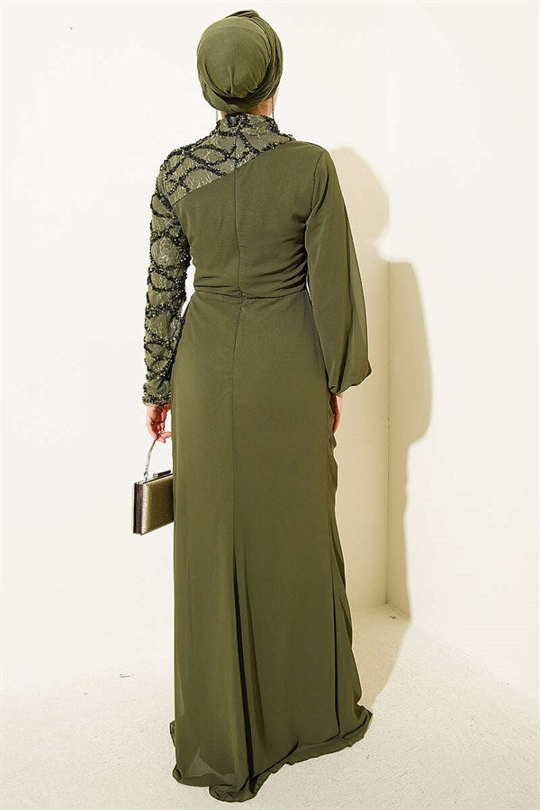 One-Sleeve Sequin Detail Evening Dress, Khaki