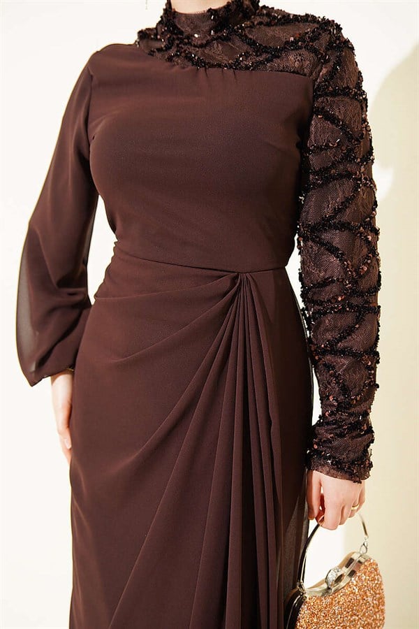 One-Sleeve Sequin Detail Evening Dress in Brown